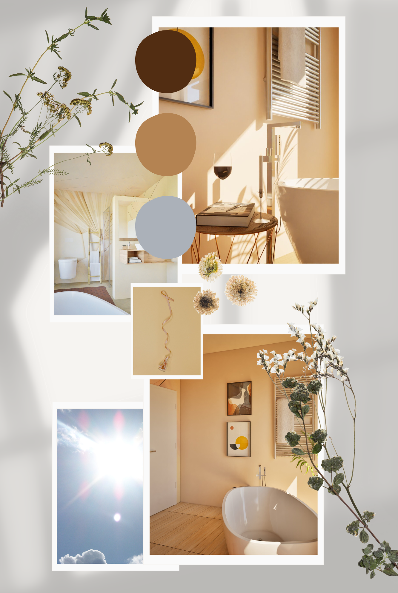 Badezimmer – Moodboard Materialcollage: „Material- und Farbcollage in ruhigen, neutralen Tönen – ein Zusammenspiel aus Licht, Struktur und funktionaler Klarheit.