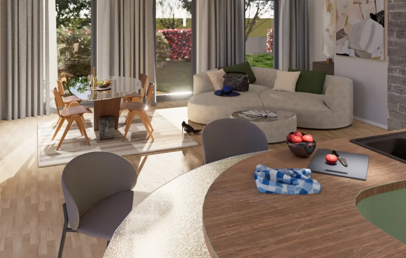 Küche mit Glastisch und Gartenblick – inszeniert mit Obst, Wein und Licht auf Holz und Grün. Küche mit Glastisch und Gartenblick – Obst, Wein und Licht auf Holz und Grün