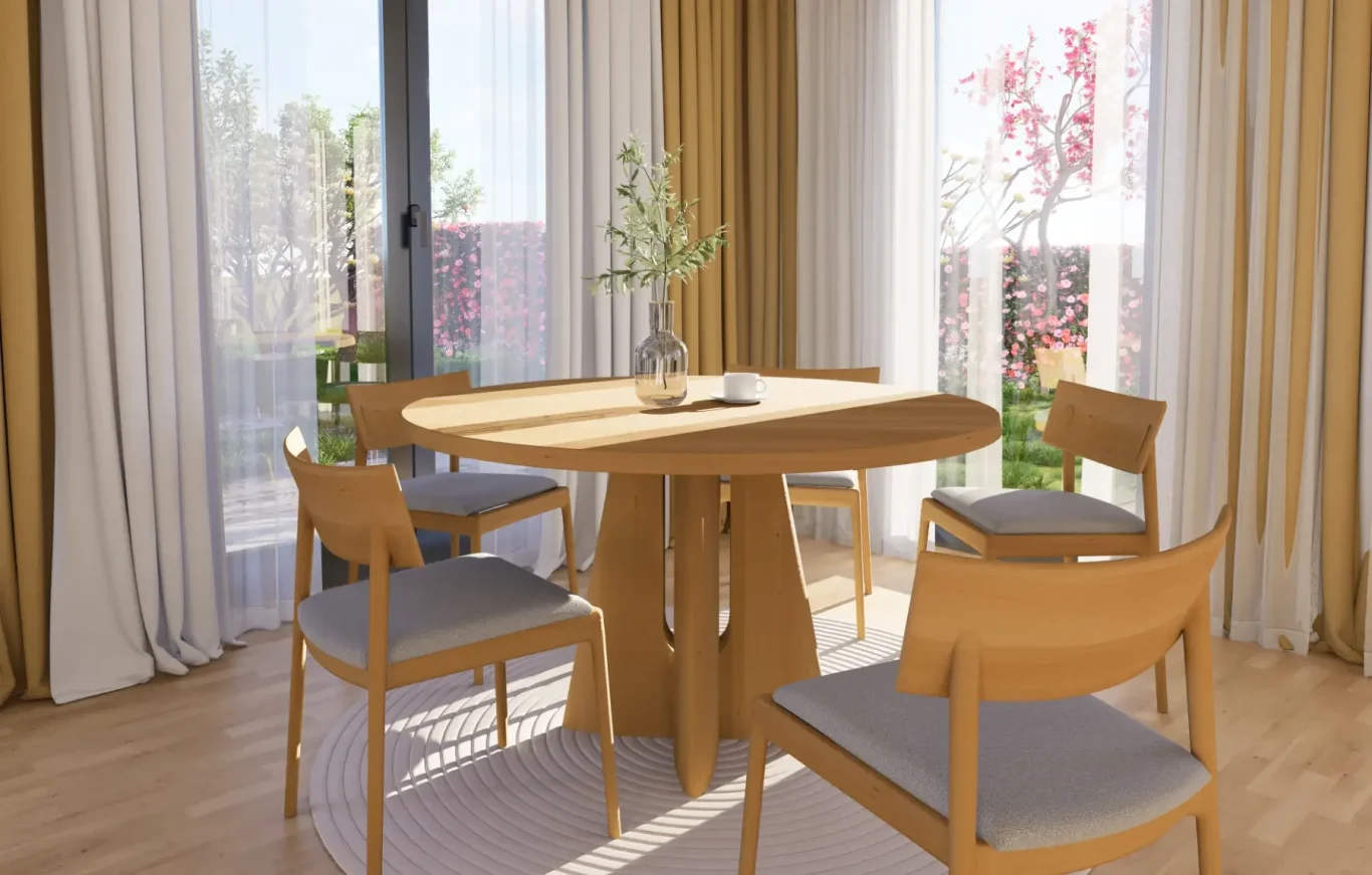 Essplatz – LivingSpace Studio Heller Essplatz mit rundem Holztisch, vier gepolsterten Stühlen und Blick in den Garten; ruhige, hochwertige Wohnatmosphäre.