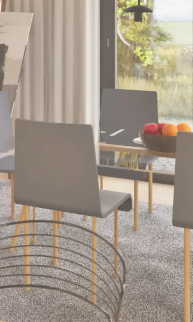 Essbereich & Ausblick Heller Essbereich mit Tisch und Stühlen, viel Tageslicht und Blick in den grünen Garten.