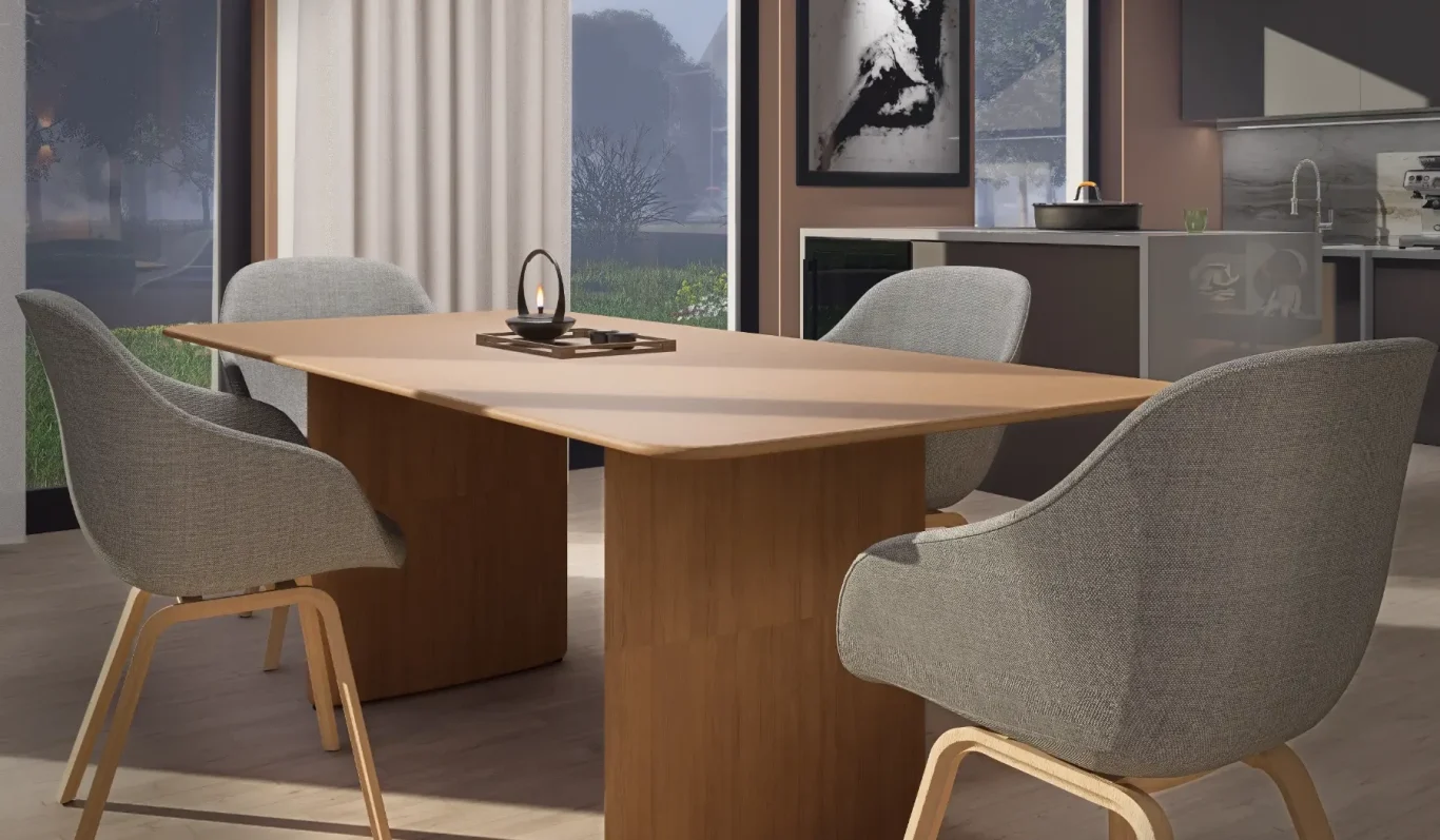 Heller, ruhiger Essplatz mit ergonomischem Stuhl und Blick ins Grüne. Gestaltung, die Komfort, Konzentration und Vitalität im Alltag unterstützt. Ergonomischer Stuhl am Holztisch mit natürlichem Licht – komfortabler Arbeitsplatz für mehr Lebensqualität