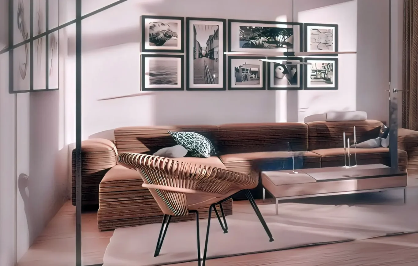 Raumgestaltung Wohnbereich – Sofa und Kunst Wohnbereich mit braunem Sofa, Kunst und natürlichem Licht