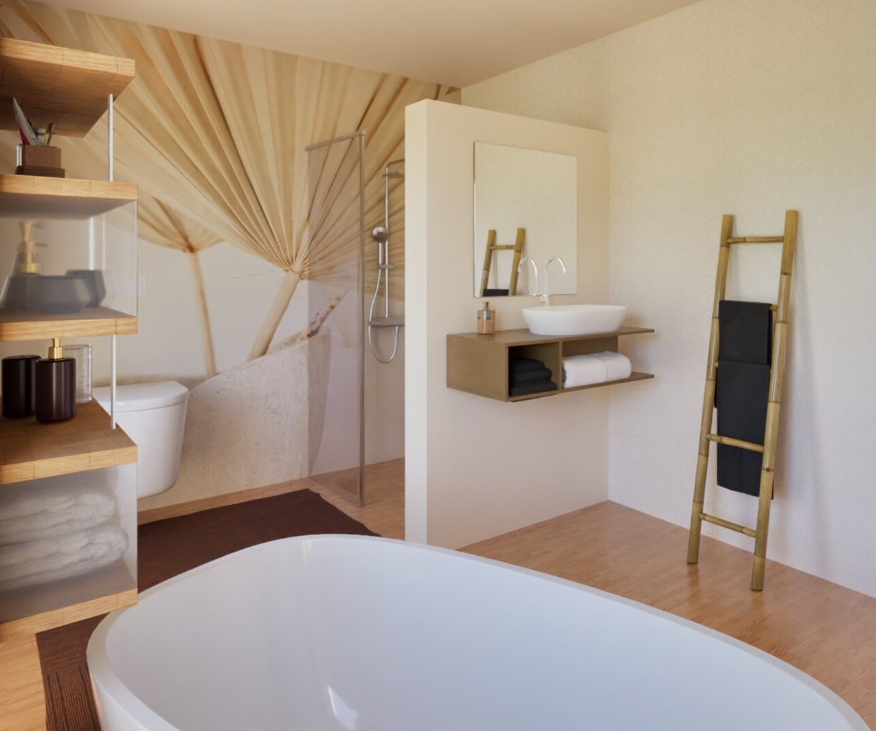 Badezimmer mit Wandbild und Holzstruktur Badezimmer mit freistehender Badewanne, Palmblatt-Wandbild und natürlichen Materialien