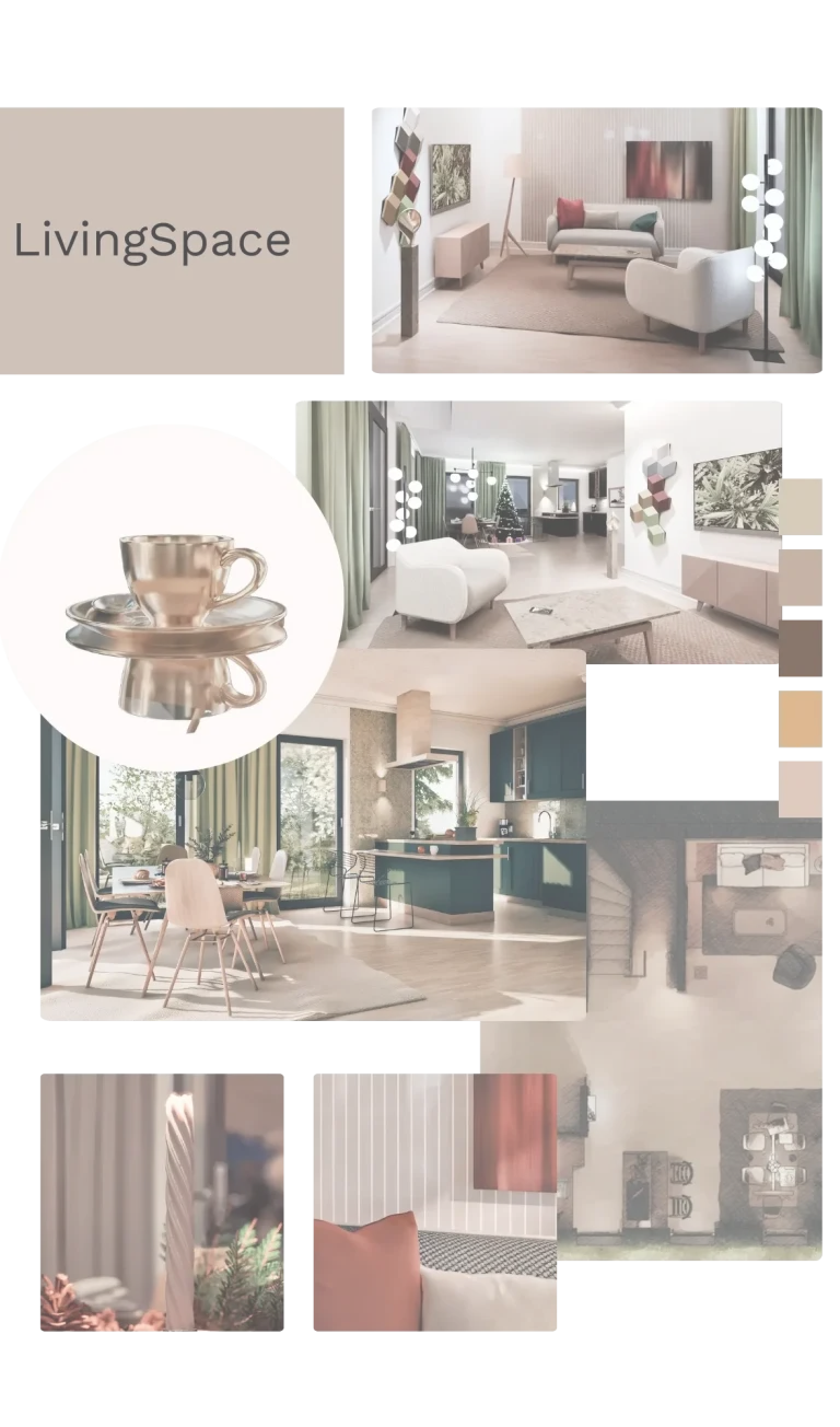 Materialität & Atmosphäre Material- und Farbcollage in ruhigen, neutralen Tönen – ein Zusammenspiel aus Licht, Struktur und funktionaler Klarheit.