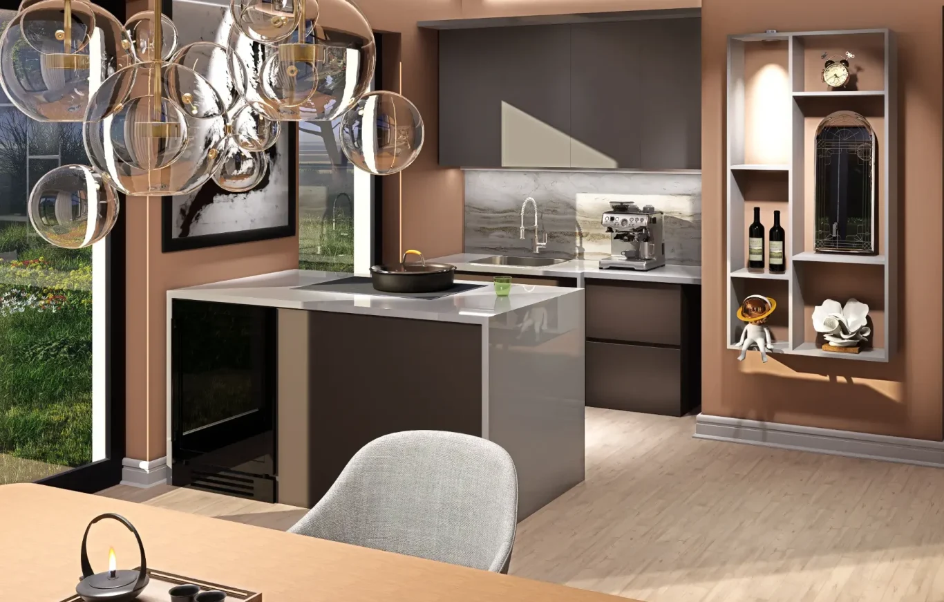 Hochwertige Stoffstruktur und klare Linien eines komfortablen Sofas. Fokus auf Materialqualität, Ergonomie und langlebigen Wohnkomfort. Stuhl am Holztisch, Blick zur Küche