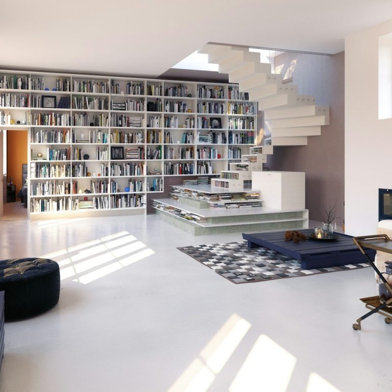 Wohnraumgestaltung – Bücherwand und Treppe Atmosphärisches Beispiel für moderne Raumgestaltung mit integrierter Bücherwand und Treppenlösung.