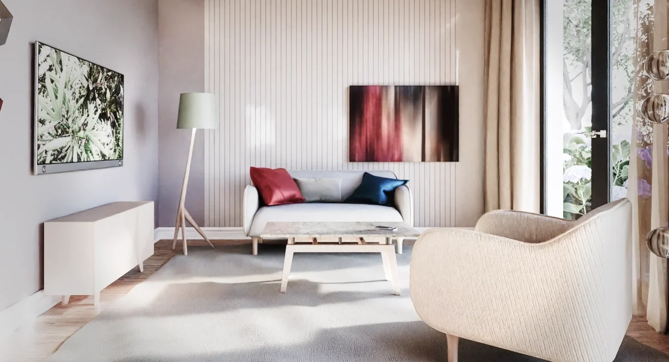 Raumgestaltung Wohnbereich Heller, modern gestalteter Wohnbereich mit Travertintisch und Blick ins Grüne.