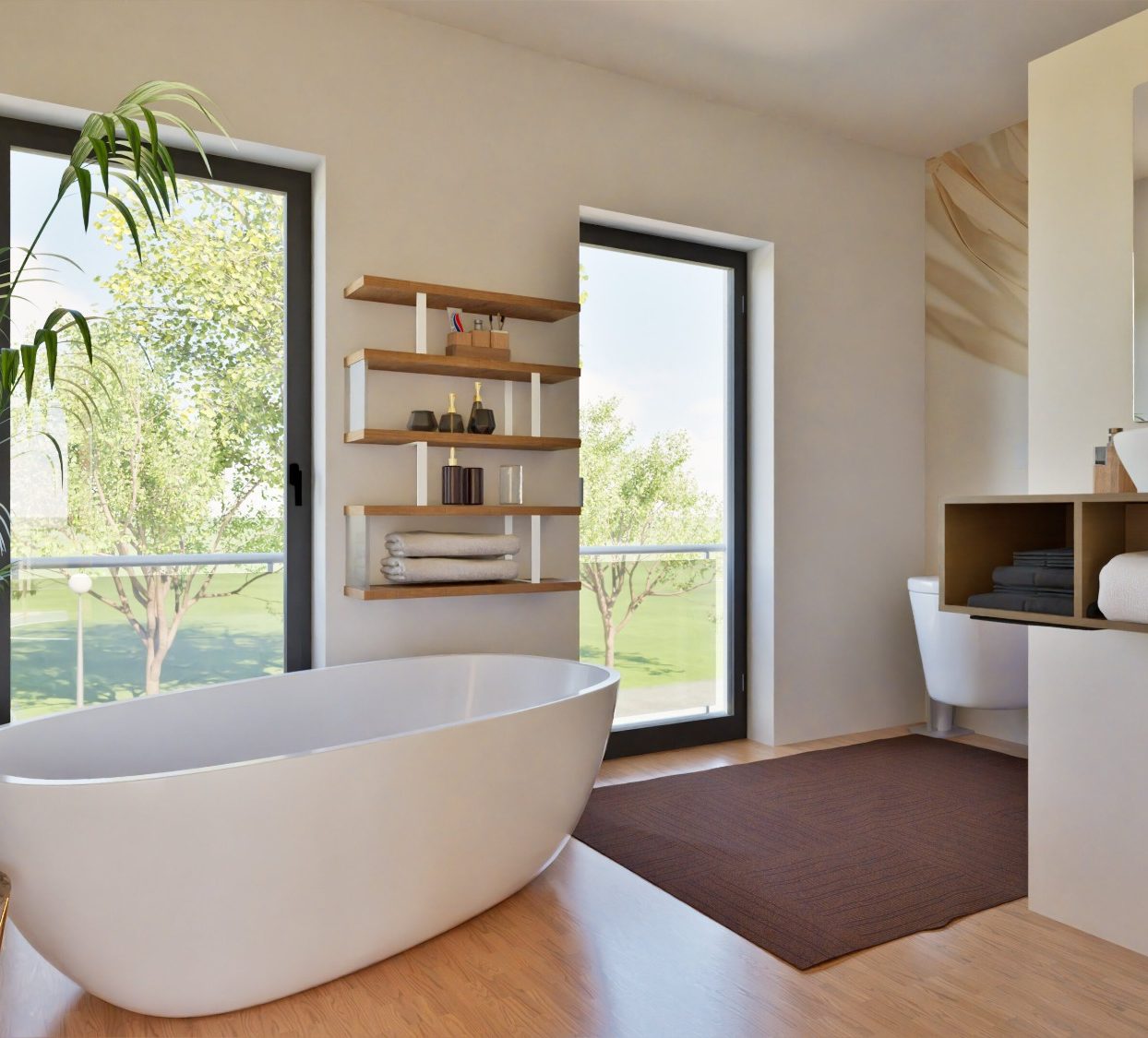 Badezimmer mit Holzfußboden und Tageslicht Modernes Badezimmer mit freistehender Badewanne, Holzfußboden und natürlichem Licht